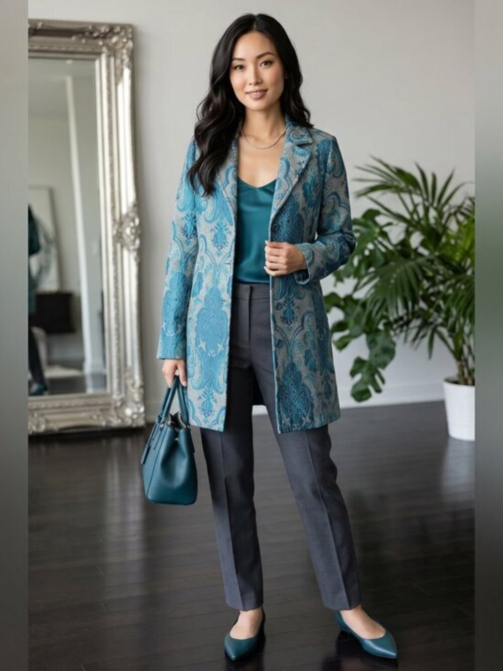 Vintage DKNY turquoise, blue brocade Elegant Blue Patterned Women's Coat size M